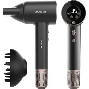 a black hair dryer with a round object